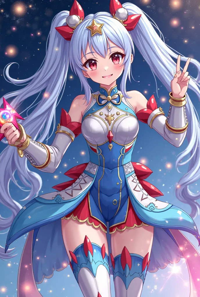 As Cure Nova, her outfit features a blend of silver, blue, and red, adorned with star-like designs and flowing starlight elements. She wields a cosmic-themed weapon that enhances her star-based attacks, The red accents in her outfit symbolize the fiery ene...