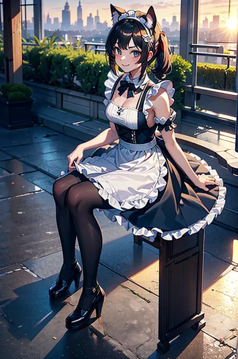 a cute femboy,solo,traps,twintail hair,cat ear headband,small breast,redface,shy,embrassed,smile,japan maid dress,black pantyhose,sitting unkindpose in a city at sunset time, full body.