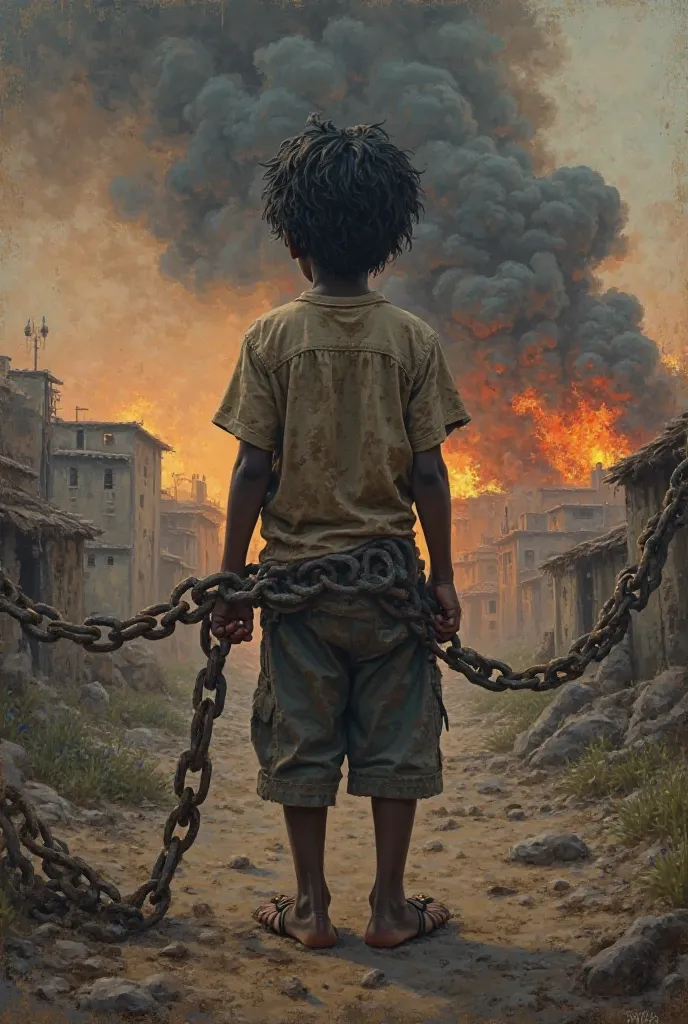 A black-skinned boy with black hair, his hand bound with an iron chain, looking at a village burning and being destroyed,he is wearin an old dirty clothes. The picture is from the back of the boy. 