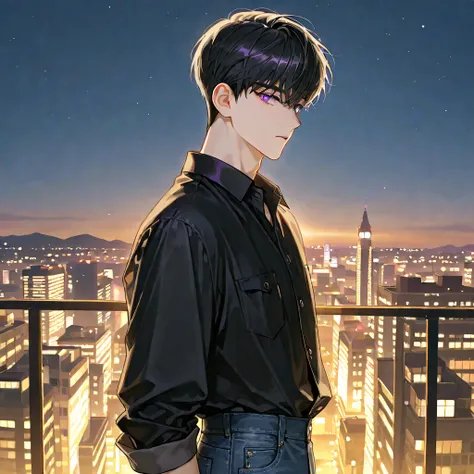 4k , 8k ((1st adults male short black hair with purple eyes)) , random short hair style , ((no hair bang)) , novel , manhwa , handsome man , very details , hair details , very anime eyes details  , ตรงตามกายวิภาคมนุษย์ ,ร่างกายสมส่วน , anime eyes , half bo...