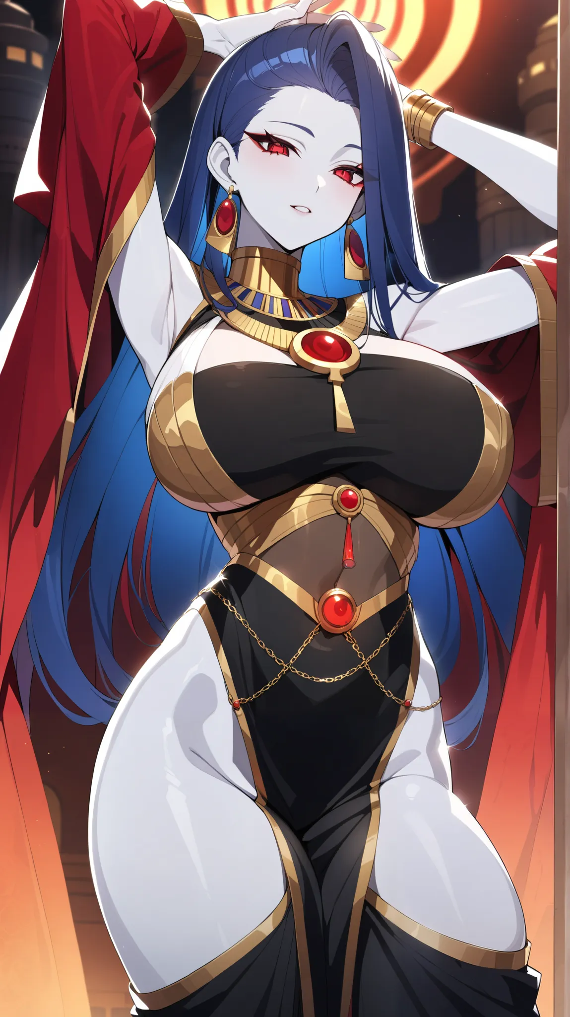 
Egyptian queen, pretty, white skin, long slicked back blue hair. Glowing red demon Eyes, Egyptian Black Velvet Robes, Gold Embroidered Black velvet Egyptian pants. Wears a gold chained glowing Ruby circular Egyptian amulet. Has gold rings. Long ruby earin...