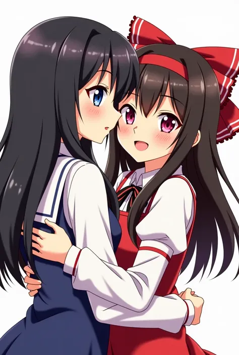 anime image of a woman hugging another woman with a red bow, rumiko, rin tohsaka, ikki tousen, gapmoe yandere, yandere, yuyushiki, ecchi anime style, attractive matoi ryuko, anime moe artstyle, by Jin Homura, ryuko matoi, cel shaded anime, zettai ryouiki