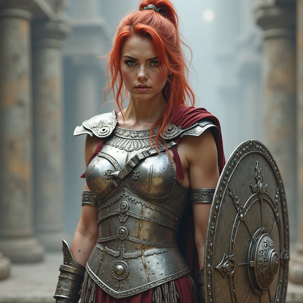 Silver Warrior Girl Hair-Colored Eyebrows Wears Spartan Armor Wears Spartan Weapons and Spartan Shield