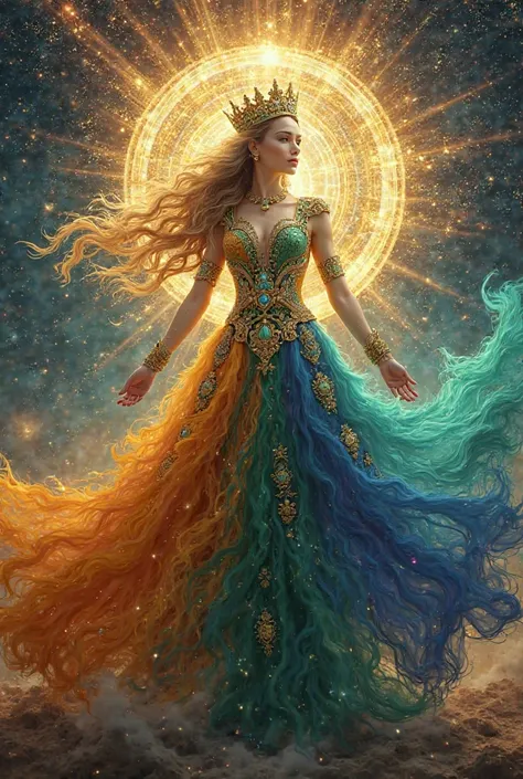 A majestic empress with a dramatic, flowing gown of vibrant colors like sapphire, emerald, and royal gold. She wears an intricate crown, and her aura blazes with powerful energy waves. Her jewelry is bold, and her presence is commanding. The background is ...