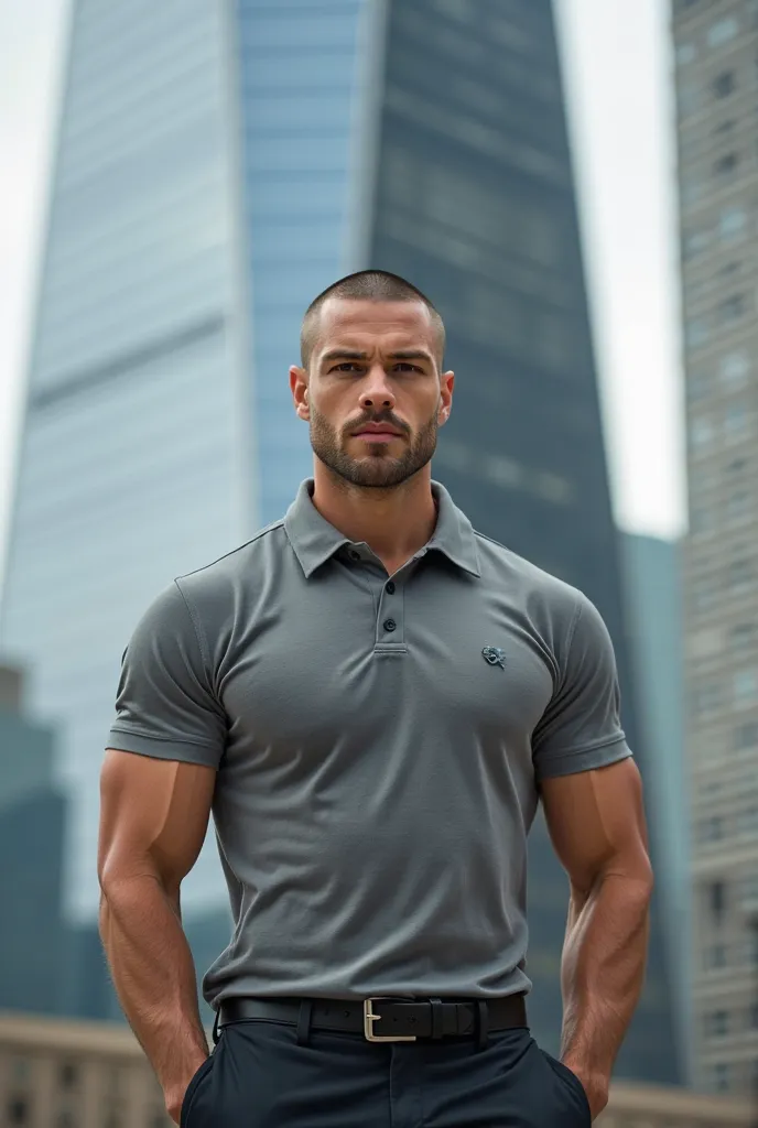        Portrait of a handsome and athletic man .  Cabello Buzz cut, 27 years old . polo shirt and dress pants.   ,    skyscraper  