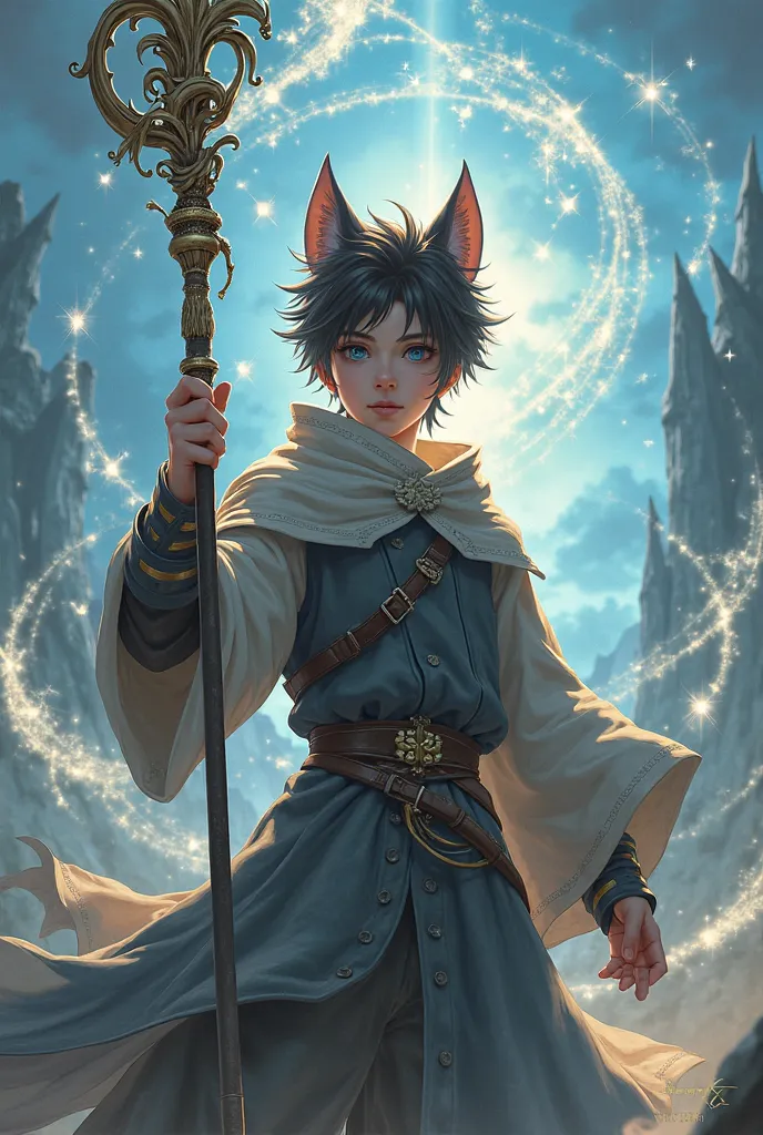 Anime male boy healer final fantasy xiv with cat ears magic staff