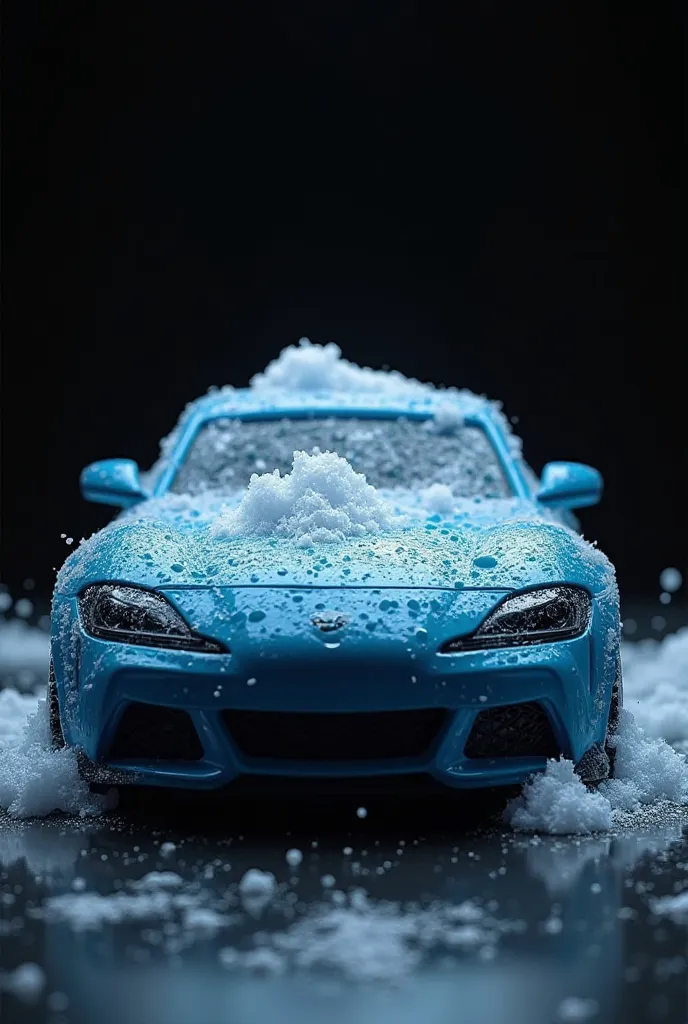 Blue car filled with soap and with details of water on top and that the car is facing forward and with a black screen background and the details of the soap and water are only in the car, not in the rest of the image. 