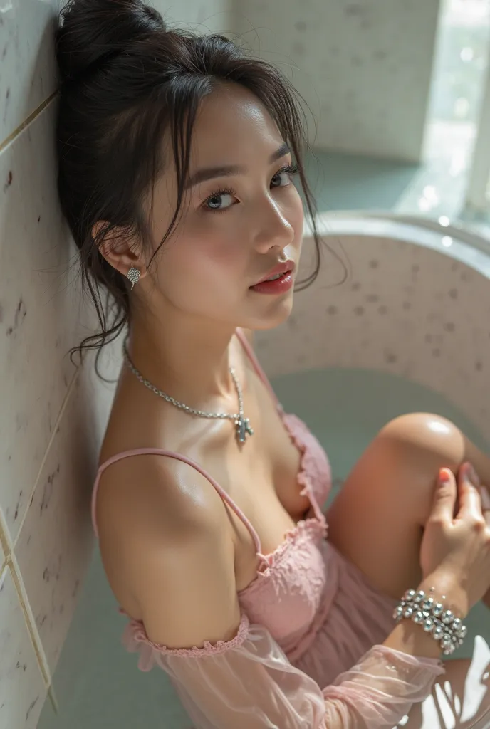 romantic atmosphere,close-up , young and beautiful Sundanese woman ,wet black hair in an elegant bun,ideal wet body,,ideal solid chest , clean white skin ,wears a minimalist silver necklace with a fancy letter pendant : "a". Wearing a minimalist silver bra...