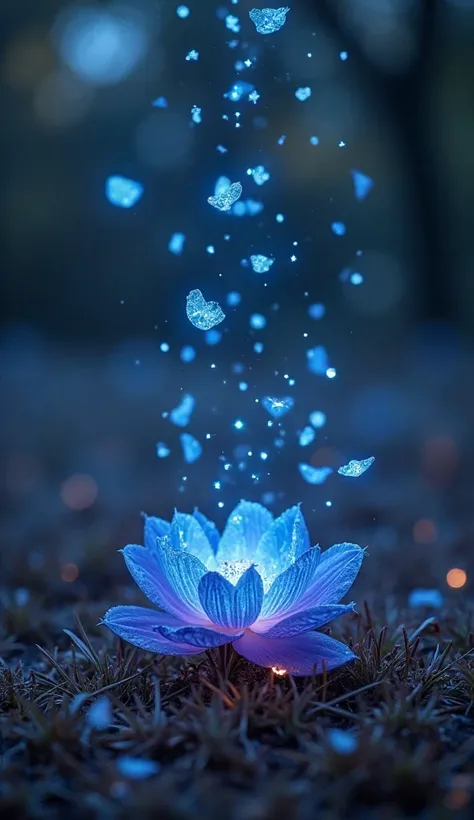 Visualize a midnight garden where glowing, ethereal petals fall slowly from blue and lilac flowers. The petals shimmer with a soft, magical light as they fall into the dark brown grass below, giving the scene a mysterious, otherworldly feeling.