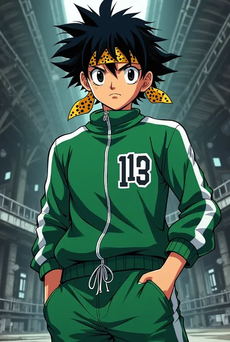 "A highly detailed anime-style illustration of Ryoga from Ranma ½. He has messy black hair, black eyes, and thick black eyebrows. His signature yellow and black speckled bandana is tied around his head. He wears a green Squid Game-style tracksuit with the ...