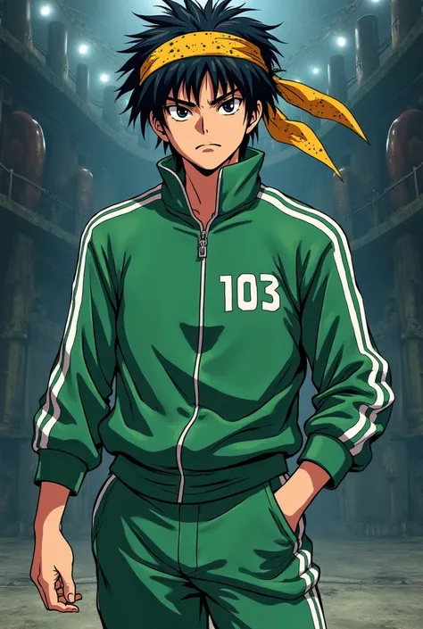 "A highly detailed anime-style illustration of Ryoga from Ranma ½. He has messy black hair, black eyes, and thick black eyebrows. His signature yellow and black speckled bandana is tied around his head. He wears a green Squid Game-style tracksuit with the ...