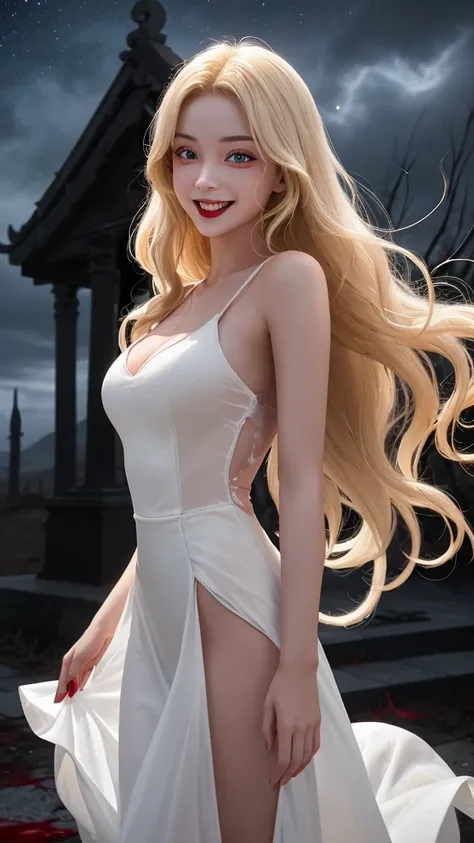 A beautiful young woman with long wavy blonde hair. Red eyes. Vampire fangs. She wears a translucent white dress which reveals her  body underneath. Blood on her lips. Evil smile. She is coming out of a mausoleum on a sinister, windy night.