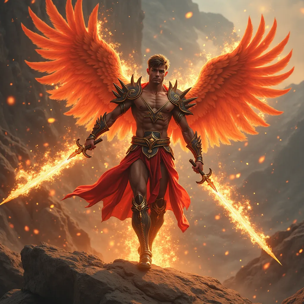 A celestial male, extremely handsome young male body builder with v-shaped torso with narrow waist. Muscular legs with big well rounded buttocks. Fiery eyes, large plump full Lucious lips. fierce phoenix flaming warrior in fiery red and black very sexy rev...