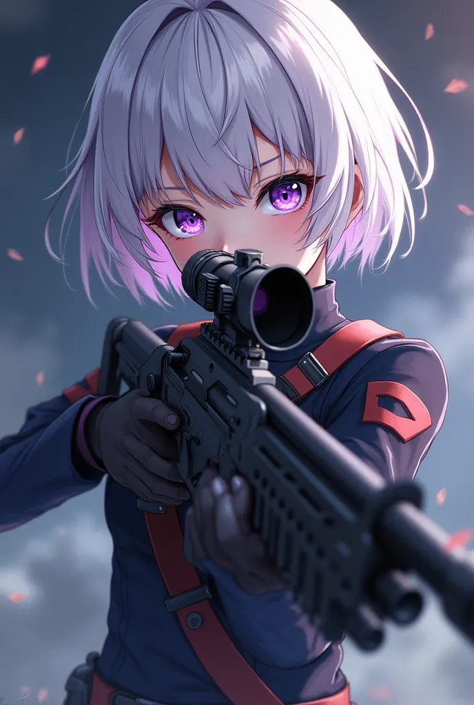 First anime-style illustration of a girl with short white hair and purple eyes shooting from the front with a sniper rifle