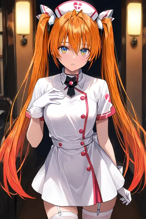 ((masterpiece)), ((high_quality)), (1girl), ((eyesHD)), (high gradient eyes), Ogisu Setsuna, A beautiful young woman with long, vibrant orange and toasted red hair tied into two pigtails with yellow hair accessories, and bright green eyes full of confidenc...