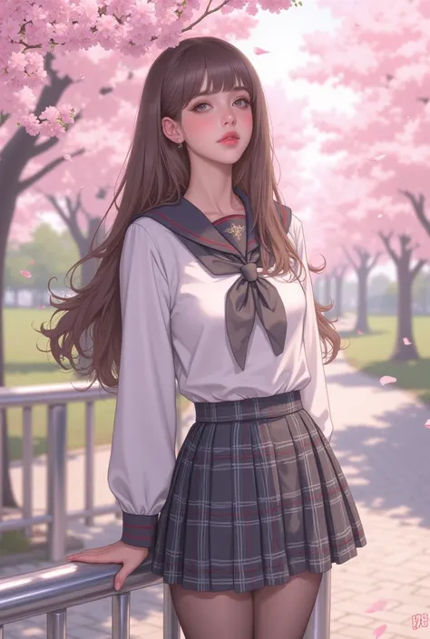 1girl, solo, long_hair, sailor_collar, looking_at_viewer, cherry_blossoms, parted_lips, shirt, school_uniform, brown_hair, white_shirt, railing, looking_back, serafuku, long_sleeves, blurry, outdoors, upper_body