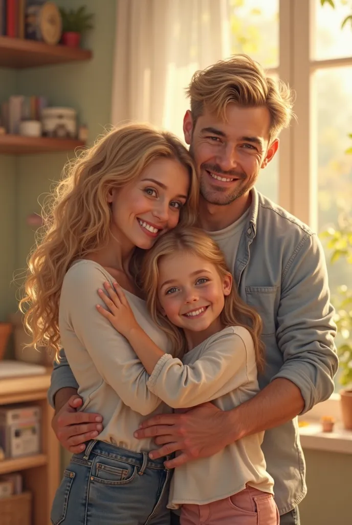 realistic make the image of a blonde happy, Mother, dad and little family daughter smile and cuddle, playing together 