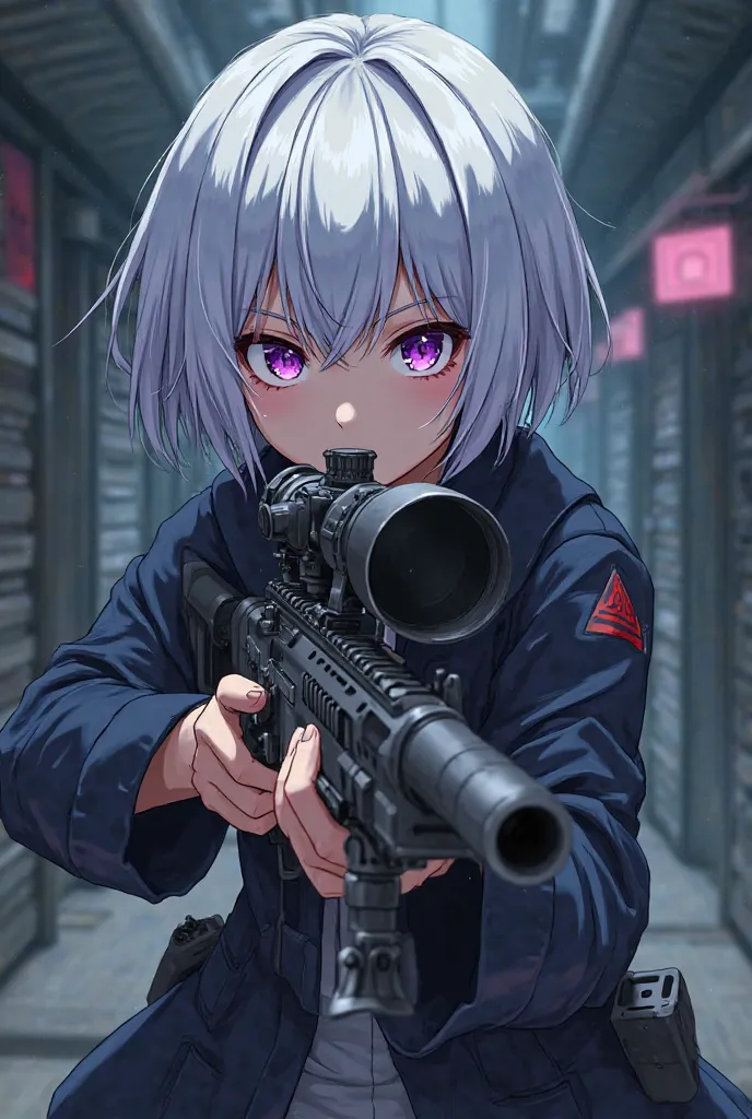 Japanese anime-style illustration of a girl with short white hair and purple eyes shooting from the front with a sniper rifle