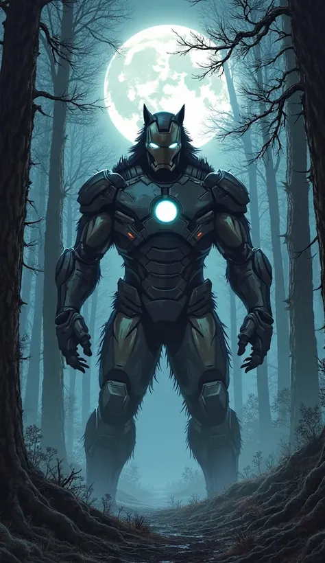 Create an illustration of a hybrid between Marvel's Iron Man and a werewolf. This character must be enormous and muscular, combining elements of Iron Man's armor with characteristics of a werewolf, like fur and sharp claws. The scene takes place in the mid...