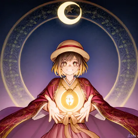 Anime-style portrait of Luffy as a joyful Muslim youth wearing a white-and-gold embroidered panjabi with matching payjama. His signature straw hat is replaced with a white kufi cap tilted playfully. Soft glow of hanging Ramadan lanterns (Fanoos) illuminate...