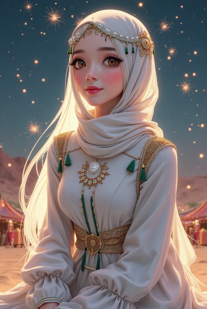 A stunning mix of Korean hand-painted anime style, featuring a 28-year-old K-pop girl wearing a white hijab adorned with gold and green ornaments. She is dressed in a flowing white gown paired with an elegant hijab that frames her face perfectly. Her brigh...