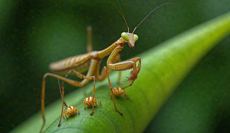 close-up picture 1 mantis standing on a bamboo leaf, on the back there are 2 baby mantis