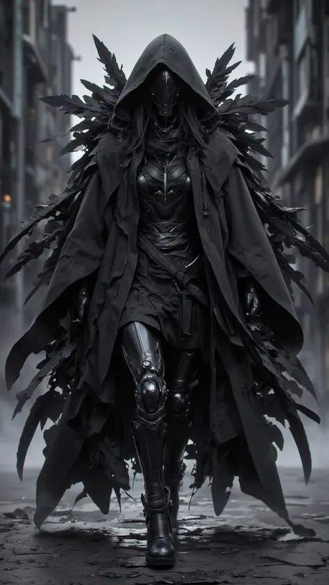 Dark and mysterious figures enveloped in a black feather cloak。 creates a uniform silhouette of a person wearing hooded clothing，The hooded garment is filled with scattered flowing black feathers。 Full Body Image，walk； The motion captured in still images。 ...