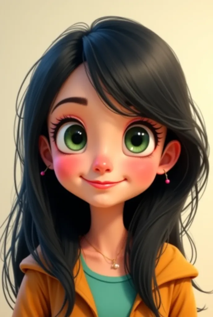 Create a small avatar with long black hair, green eyes, big eye lashes, smiling, fuller face