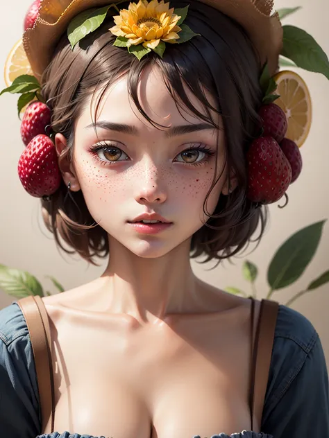  oil，beautiful girl wearing a fruit flower hat, I'm wearing a fruit dress、 Guviz style artwork ,，Artistic creativity:1.37

8K quality、Intense Colored Pencil Drawings、Colored Pencil Splashes, surreal,  avant-garde pop art,   Beautiful Expressive Paintings ,...