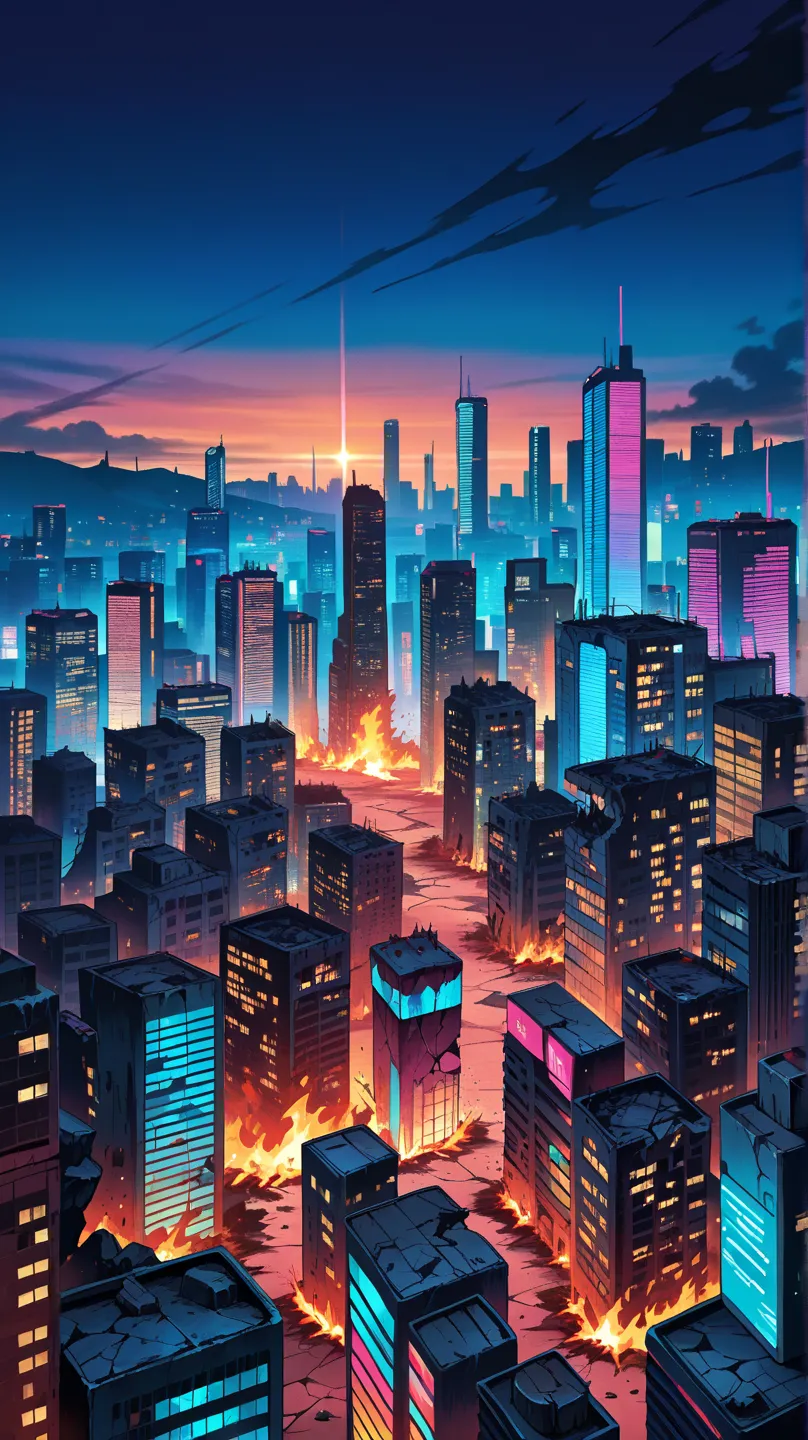 masterpiece
best quality
amazing quality
realistic
hyper-detailed
anime screencap. 8k, A very high panoramic aerial view of a ruined cyberpunk synthwave city, devastated and crumbling. Once towering skyscrapers now stand fractured, with jagged edges and mi...