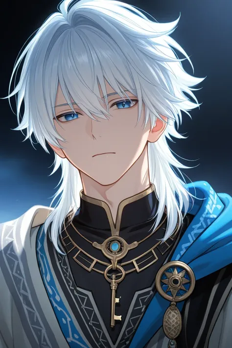 1boy, male focus, blue eyes, alone, spikes, bishounen, white skin, tribal