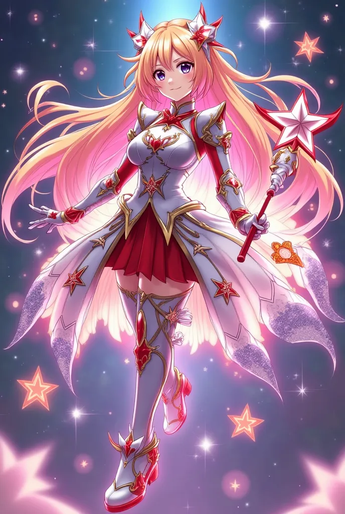 As Cure Nova, her outfit features a blend of silver and red, adorned with star-like designs and flowing starlight elements. She wields a cosmic-themed weapon that enhances her star-based attacks, The red accents in her outfit symbolize the fiery energy of ...