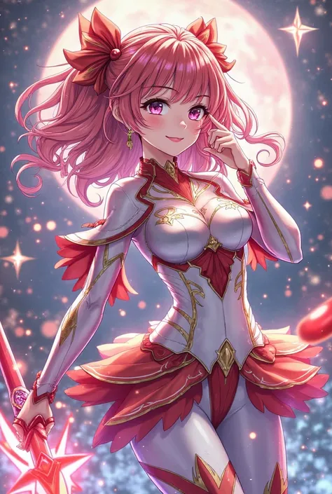 As Cure Nova, her outfit features a blend of silver and red, adorned with star-like designs and flowing starlight elements. She wields a cosmic-themed weapon that enhances her star-based attacks, The red accents in her outfit symbolize the fiery energy of ...