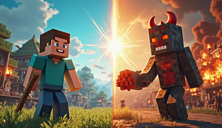 Enhace this prompt "A vibrant and cinematic Minecraft scene under a bright blue sky with a radiant sun casting dynamic lens flare effects across the image. On the left side, a Happy character with holds a wooden pickaxe, standing in background a beautiful ...