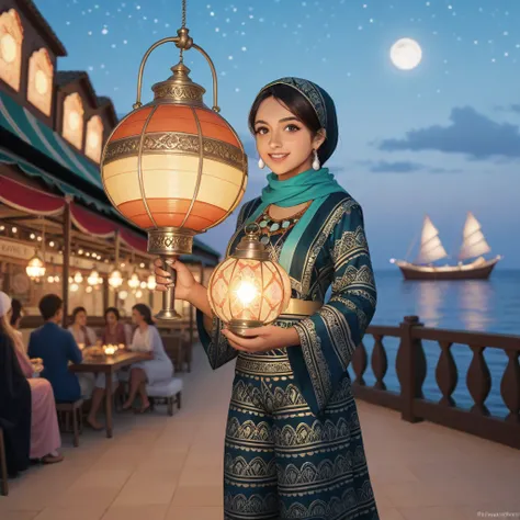 Anime-styled Nami in a flowing turquoise hijab adorned with crescent-shaped sequins. Her outfit combines a pastel-colored Punjabi with wide-legged palazzo pants. She holds a golden lantern shaped like the Thousand Sunny ship. Background: vibrant night mark...