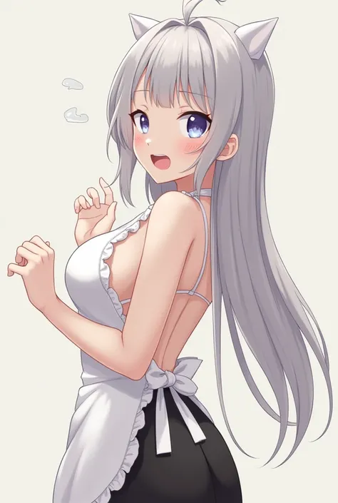 Characters,woman,Cartoonish,smile,Bukkicho,Annoying Eyes,long hair,naked aprons,Gray Hair,Realistic Portraits,realistic,4K,high quality, super precise,Depicting every detail,professional,Vivid Colors,1 girl, big breasts,  back view, 