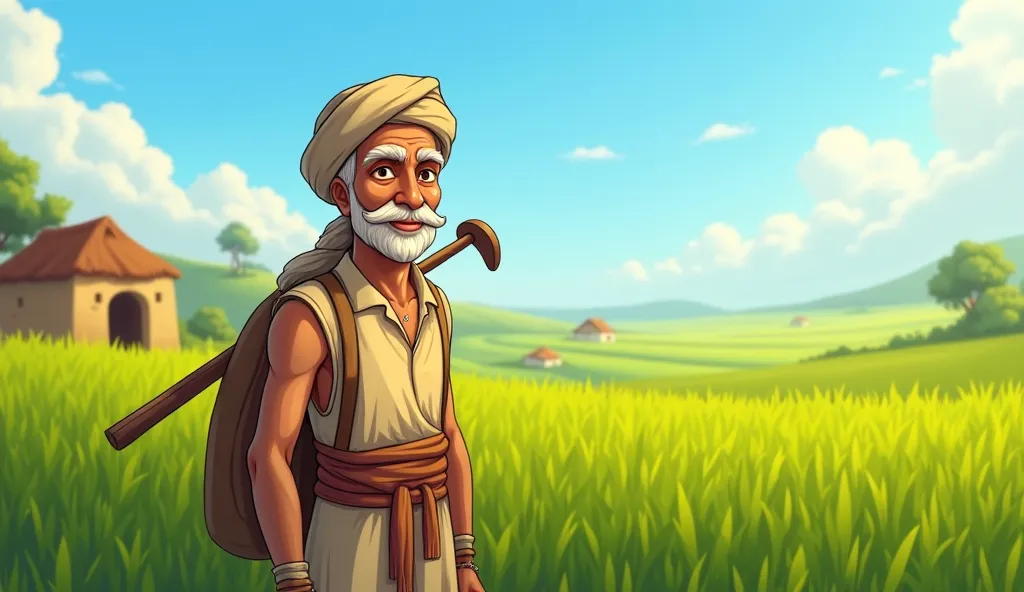 Image Prompt:

A humble and kind-hearted farmer, Ramlal, standing in a lush green field with a warm and gentle smile. He wears simple, traditional village attire, with a turban on his head and a plow resting on his shoulder. His eyes reflect honesty and co...