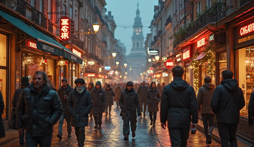 Busy European city street in the evening, shop windows start to light up, people of European appearance hurry home after work, first neon signs turn on, warm and cold color contrasts, cinematic style