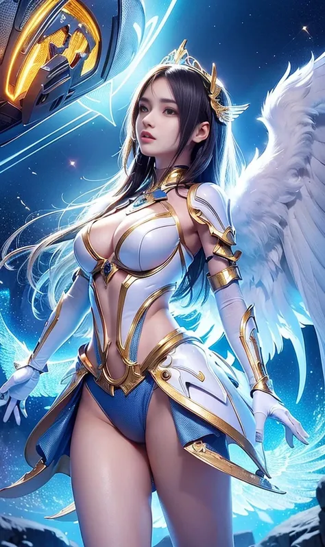 (best quality, masterpiece, colorful, dynamic angle, from below, highest detailed)upper body photo, full body photo, fashion photography of cute mechangel, glowing 4 wings, solo, glowing armor, glowing halo, building, glowing mechanical 4 wings (intricate ...