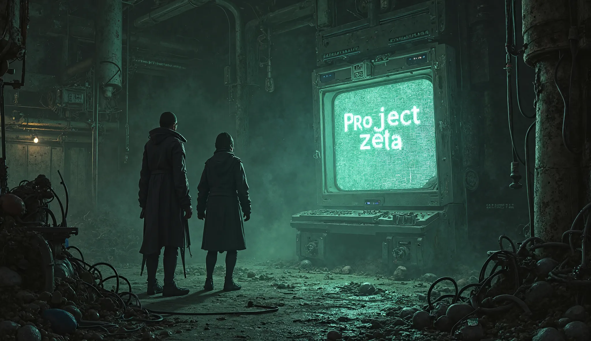 The Crow's Discovery Description: Korvok and Lira stand in front of an ancient, glowing human terminal deep within a forgotten vault. The screen displays fragmented code with the words "Project Zeta" flashing ominously. The surroundings are dark and clutte...