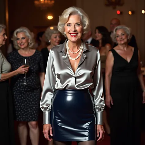 full-length picture,
elderly woman,
she smiling broadly,
posing standing,
facing the camera,
her gaze is direct,
she is looking directly at the viewer,
pearl necklace,
red carmin lipstick,
she wears a shiny silver satin shirt, very low-cut,
The fabric of h...