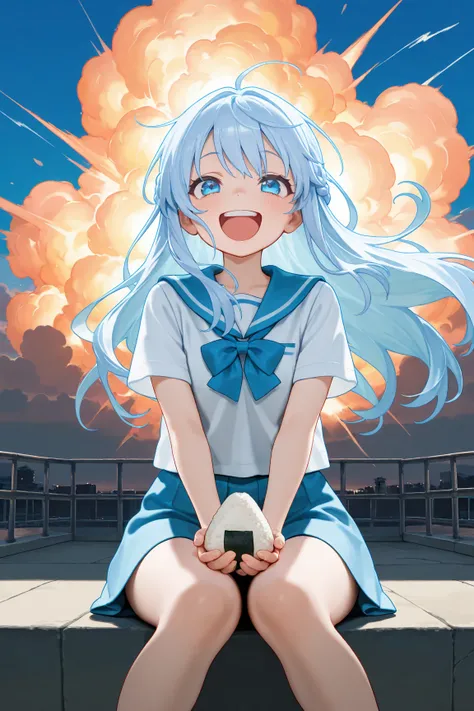 masterpiece, best quality, amazing quality, front view, medium shot, 1girl, solo, laughing, long hair, french braided on top hair, light blue hair, blue eyes, detailed eyes, light blue sailor uniform, short skirt, short sleeve, superhero sitting pose, hold...