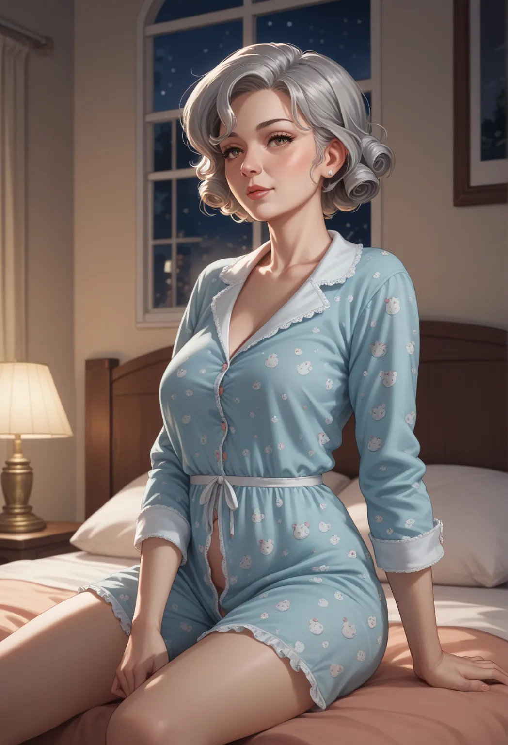 aunt,is,in night pajamas,short hair