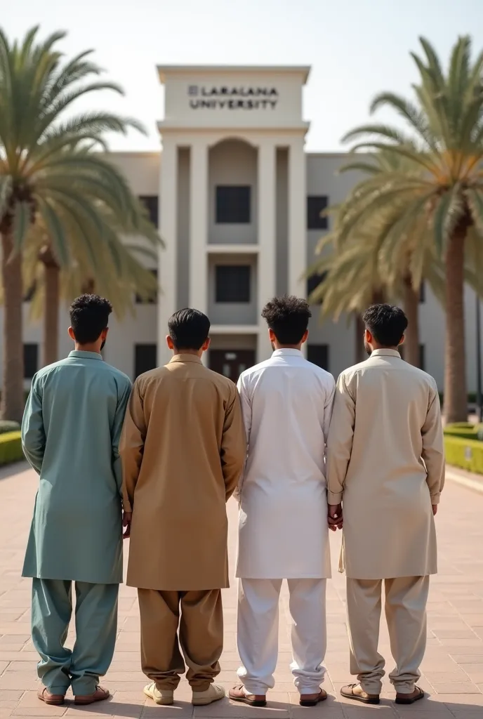 I want to create a picture from behind of 4 four friends they all are male and wearing shalwar kameez and they are standing one friend is tall in height one friend is little bit short and two are fat the building in the background will be a building of col...