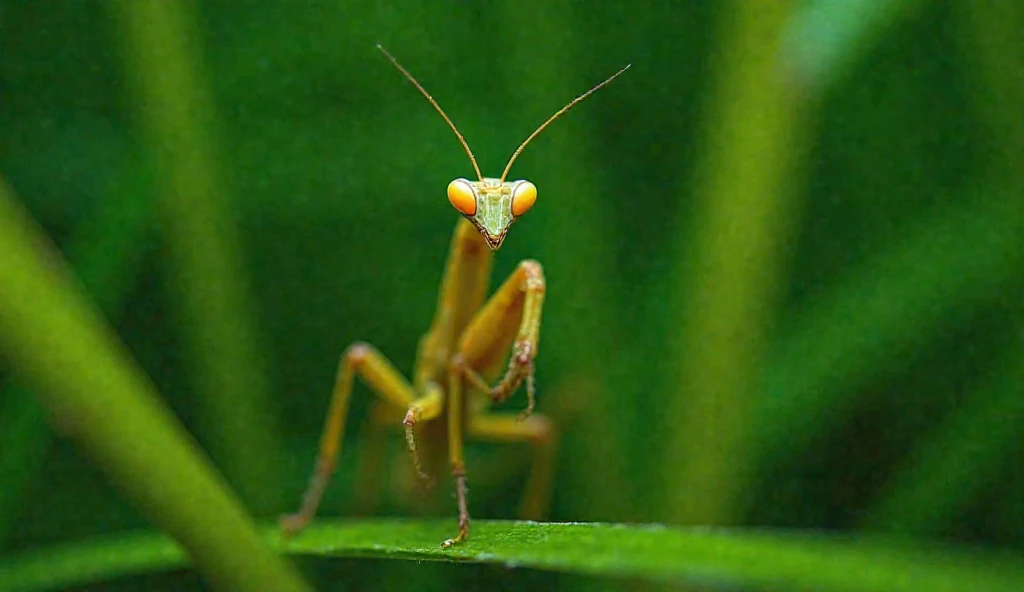 close-up picture 1 mantis standing on a bamboo leaf, ass curled up ready to fight