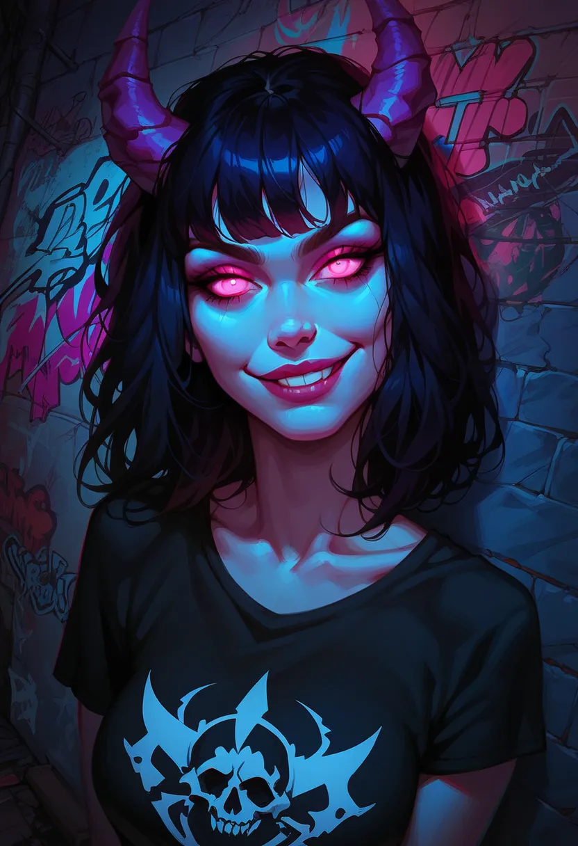 score_9, score_8_up, score_7_up, score_6_up, aesthetic , punk, demon, horns, outdoors, alley, night, graffiti, t-shirt, solo, dutch angle, g0thicPXL, (big lips:0.6), (close up:1.2), portrait, medium breasts, smug, smirk, skinny, pov, leaning toward viewer,...