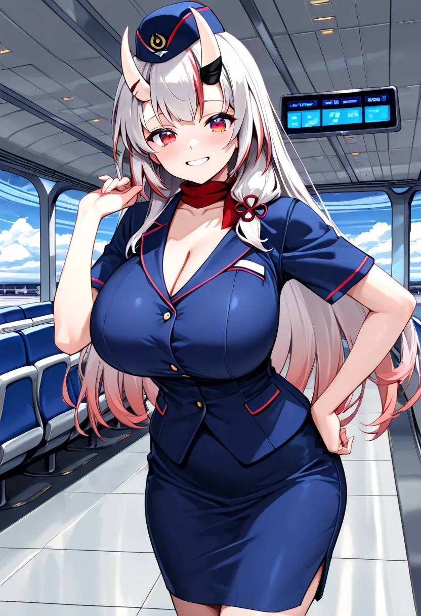 (Highest quality , 8k , masterpiece , incredibly absurdres , perfect body , super detailed skin , highly detailed eyes and face , 1 woman ) ,  nakiri ayame , Silver Hair , red eyes , demon horn , smile ,  will be happy , ( flight attendant , airport : 1.2 ...