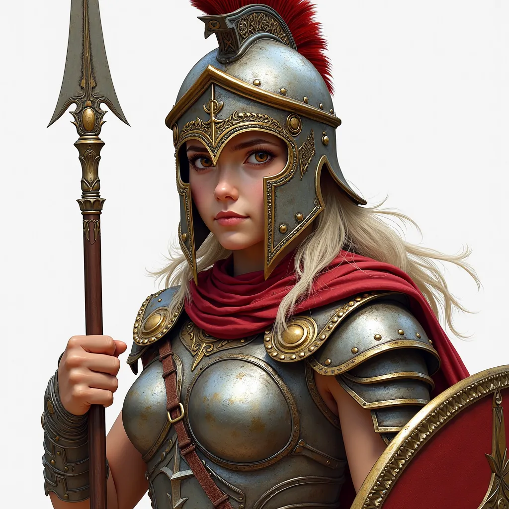 A Silver Warrior Girl with Silver-colored Eyebrows with Amber-colored eyes Wears Spartan Bronze and Platinum Armor Holds a Spartan Spear and Wears a Spartan Shield Wears a Red Spartan Cloak Wears a Spartan Bronze and Platinum Helmet