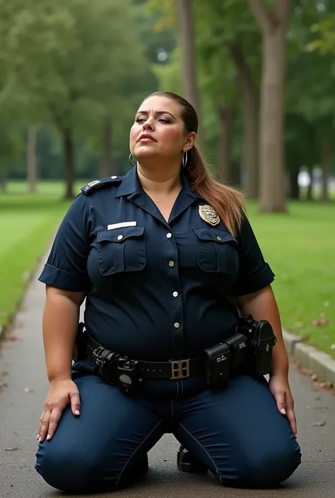 In a park, high angle view, a massive ass pawg voluptous plus sized mature white policewoman kneeling on the floor, looking up at viewer (eyes closed), light brown slickback ponytail, slight face wrinkles, hoop earings, realistic tongue, white bubbly saliv...