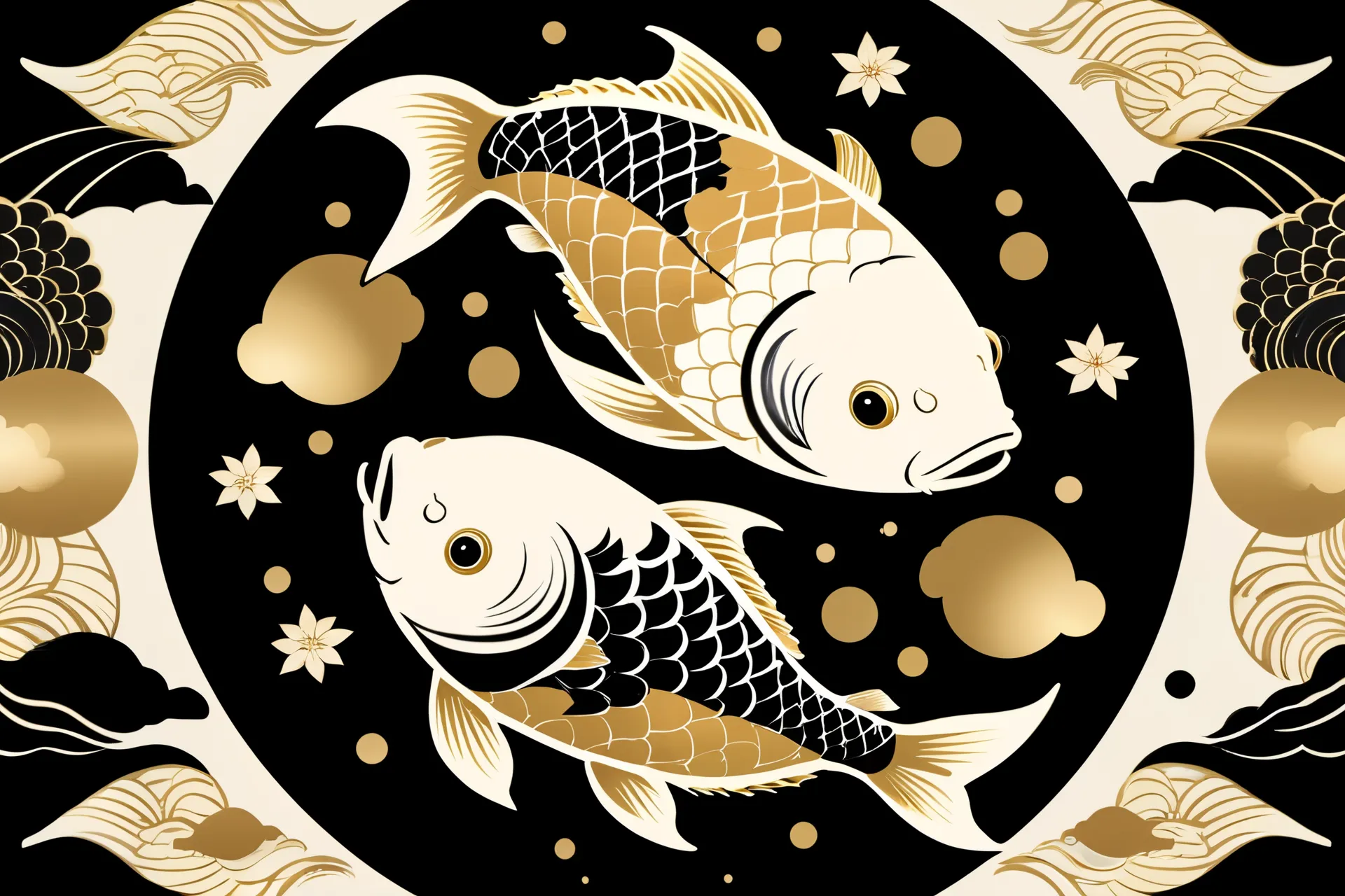 There are 4 fish in a circle with a gold and black design, vector art inspired by Shunsho Katsukawa,   shutterstock, ukiyo-e, carp fishes, carp,  woodcut -e , carp fish, floating carp fish, Japanese painting style, Swimming fish, Pisces, carp fish floating...